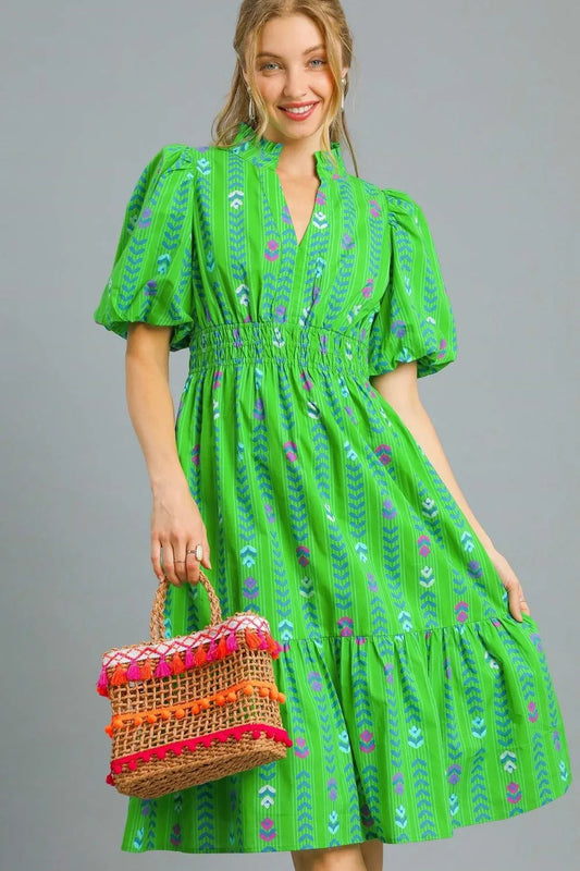 Umgee Printed Midi Dress with Ruffled Hem