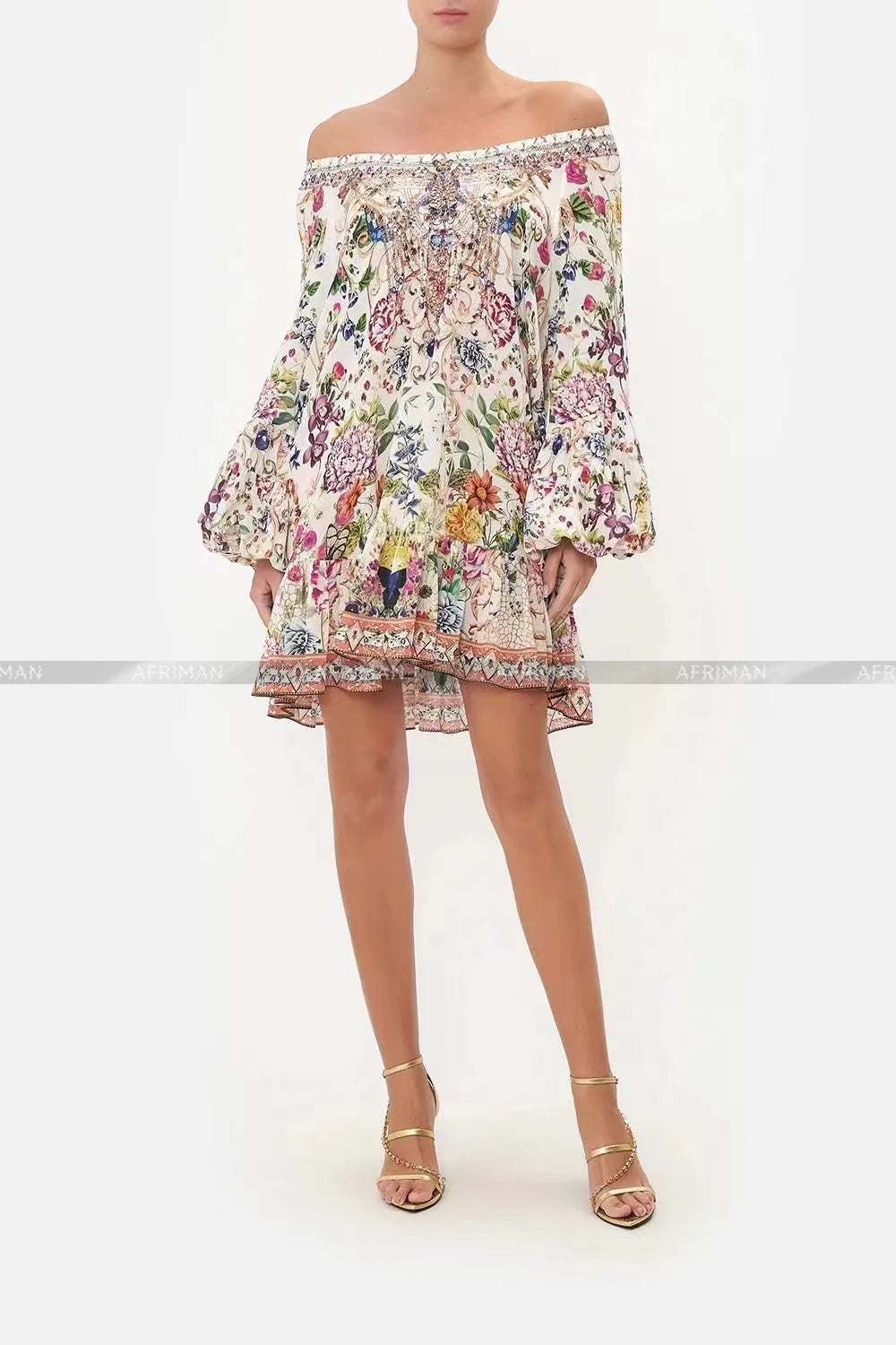 Women Retro Slash Collar Crystal Beaded Floral Print Flare Sleeve 100%